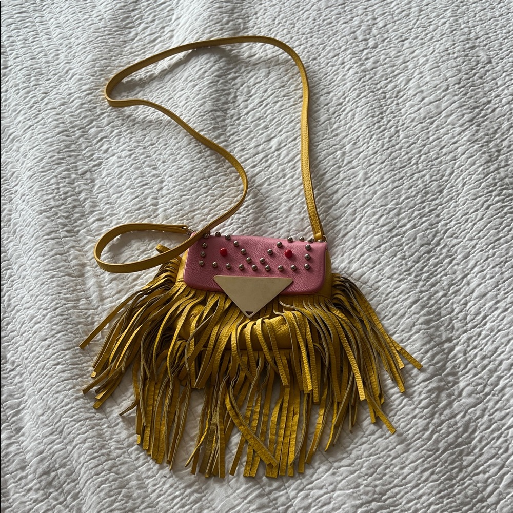 Sara Battaglia “Cutie” Pink and Yellow Fringe Crossbody Bag
